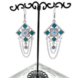 NWOT - Blue Jeweled & Green Enameled Ornate Art Deco Silver Tone Dangle Earrings